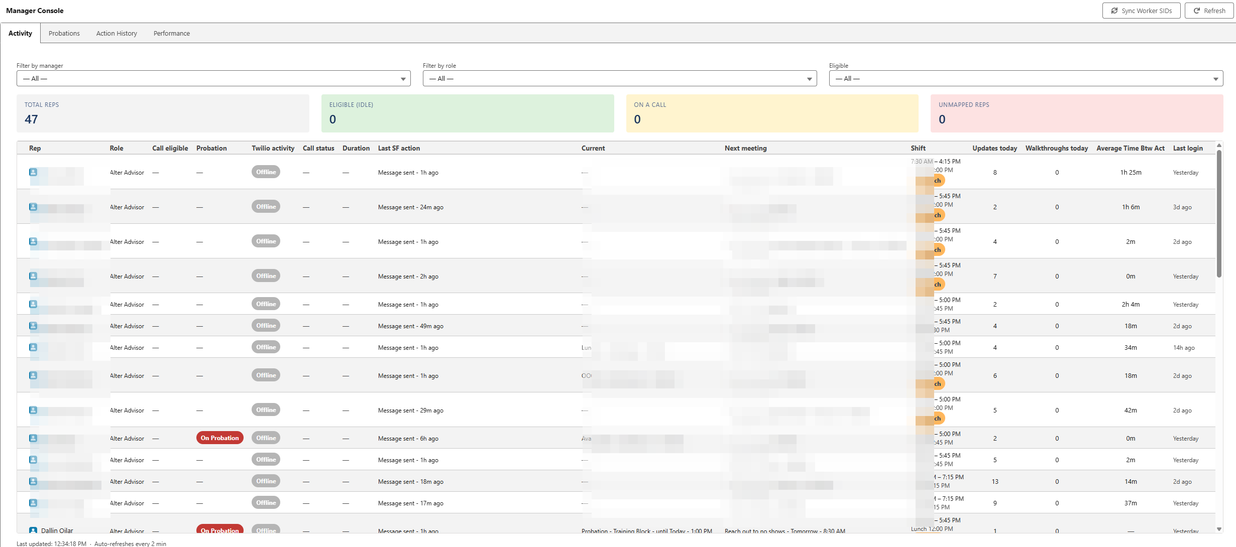 Redacted preview of manager activity console