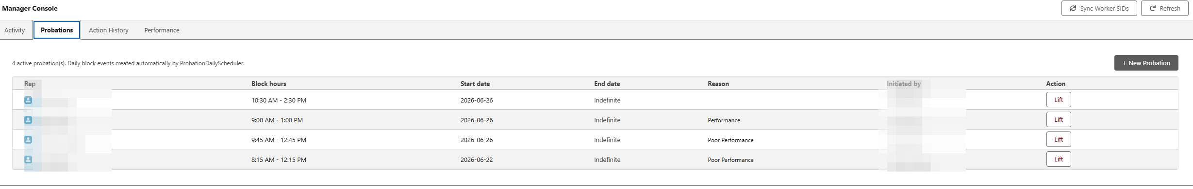 Redacted preview of manager probation controls