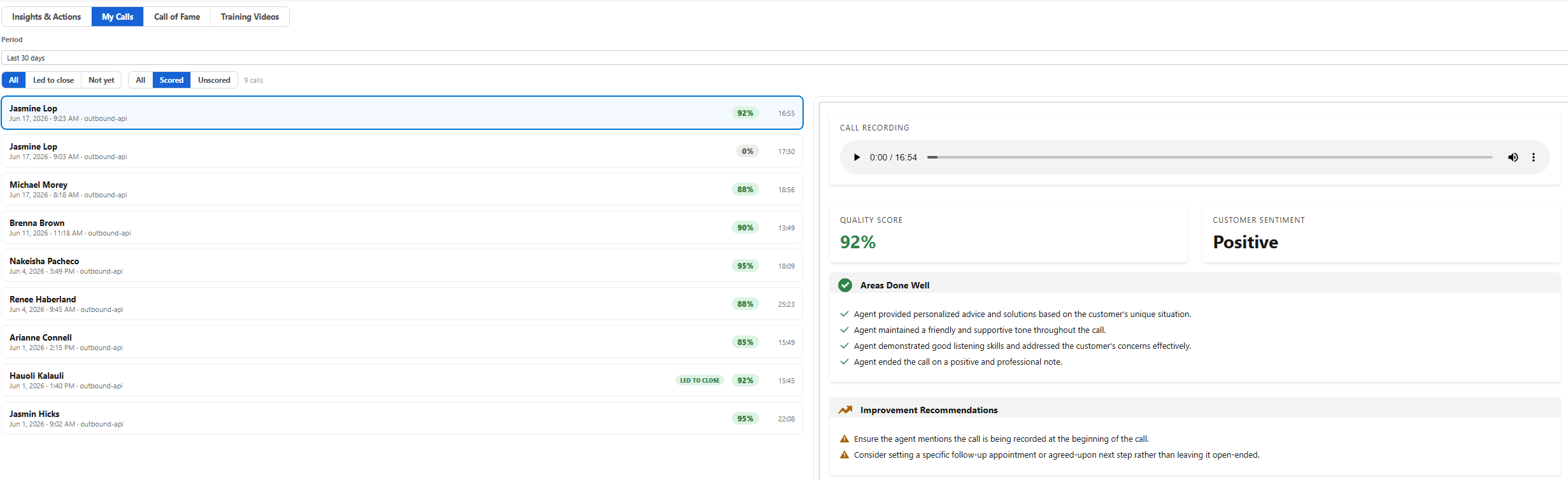 Preview of AI call review and quality score