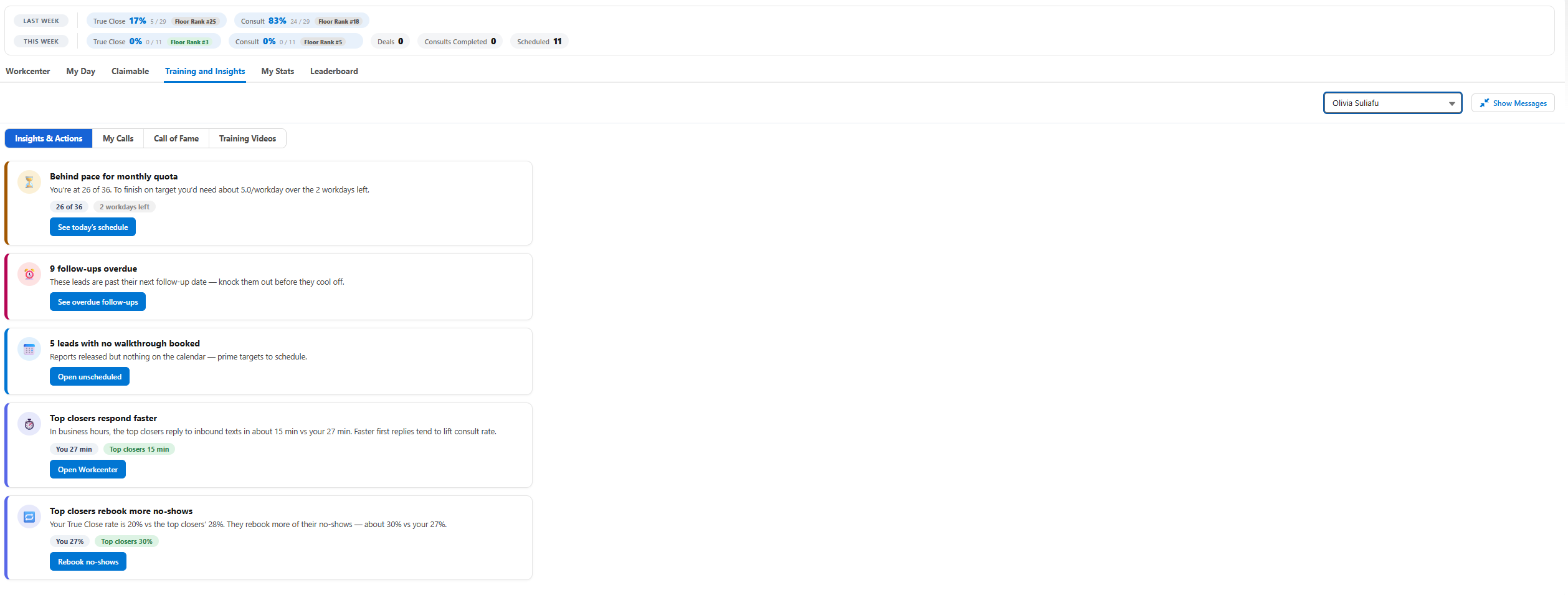 Preview of training insights and suggested actions