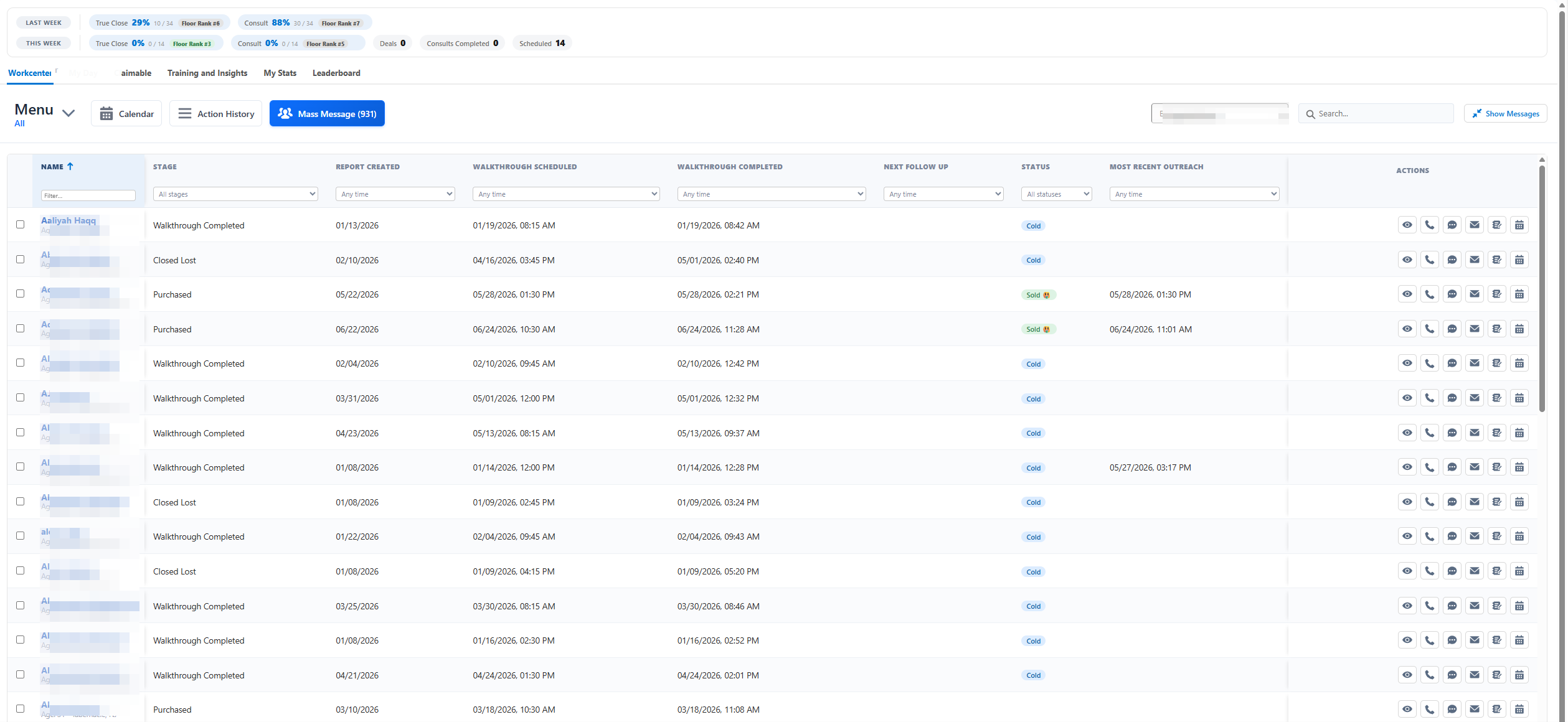 Redacted preview of Salesforce workcenter lead management screen
